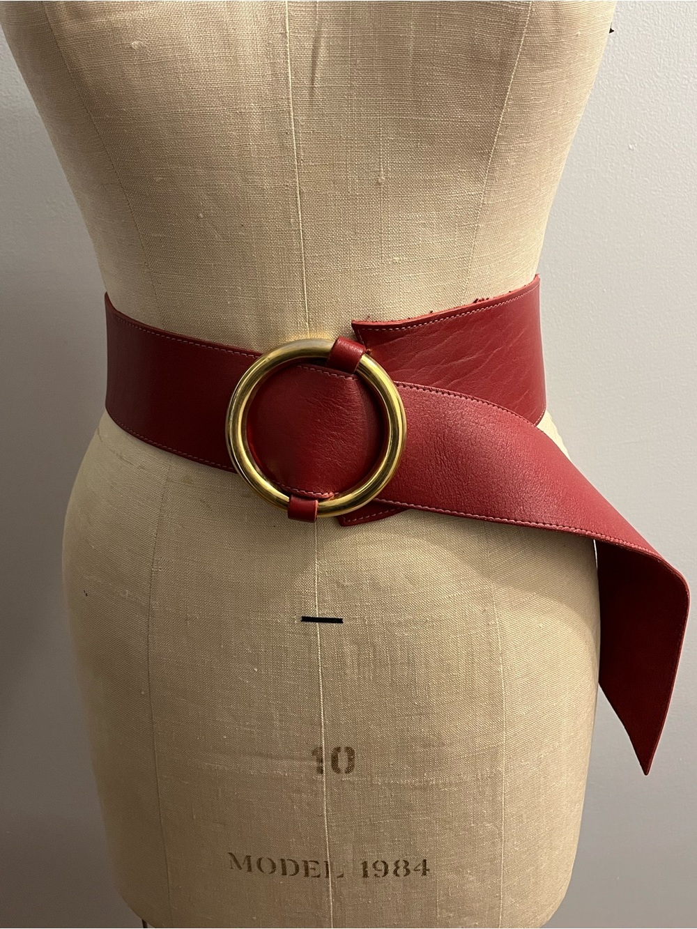 Wide Red Leather Belt with Gold Ring Accent